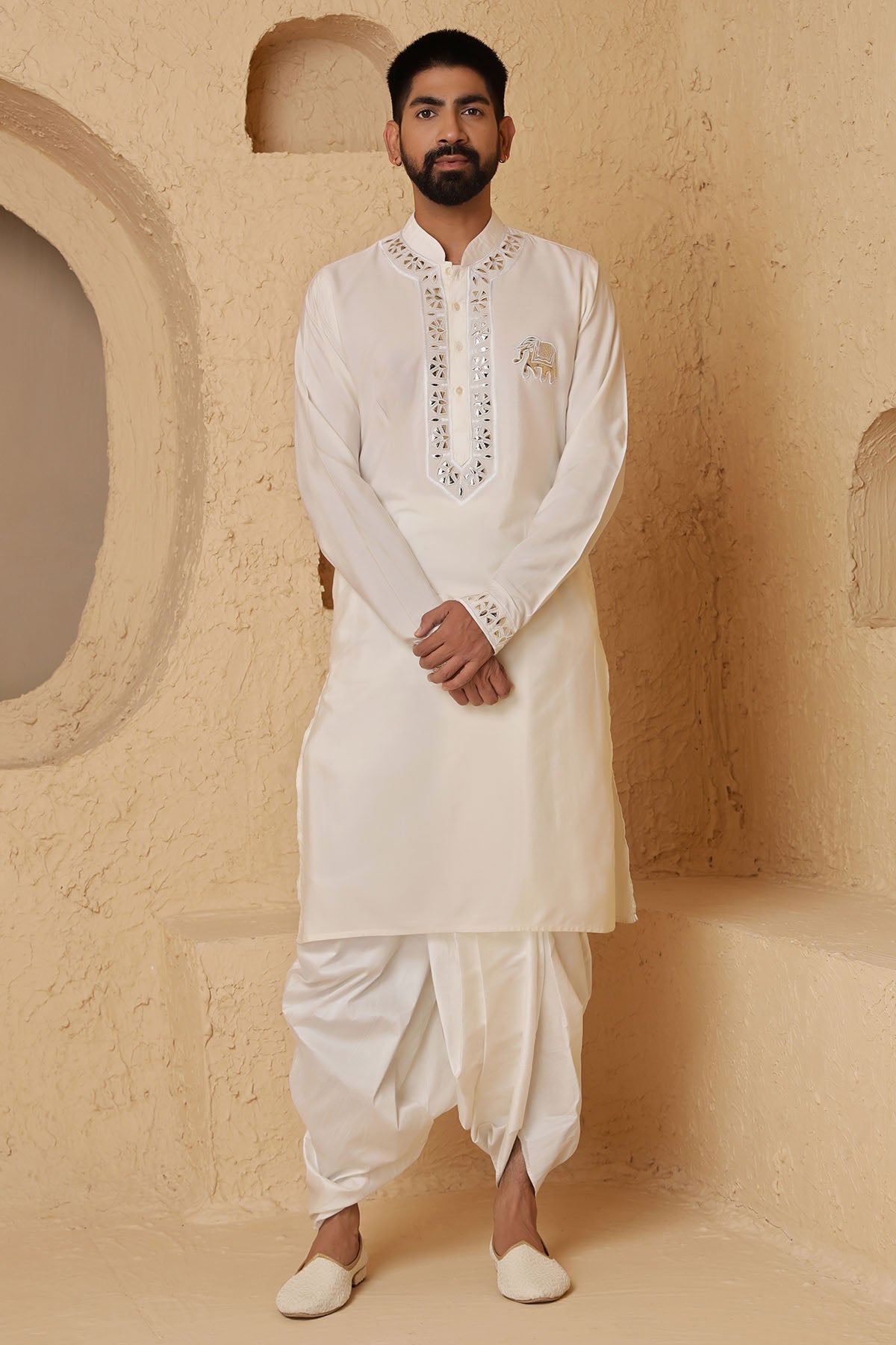 Buy Ivory Leather Work Kurta Set for Men by Designer Harshita Dhanawat available online at ScrollnShops